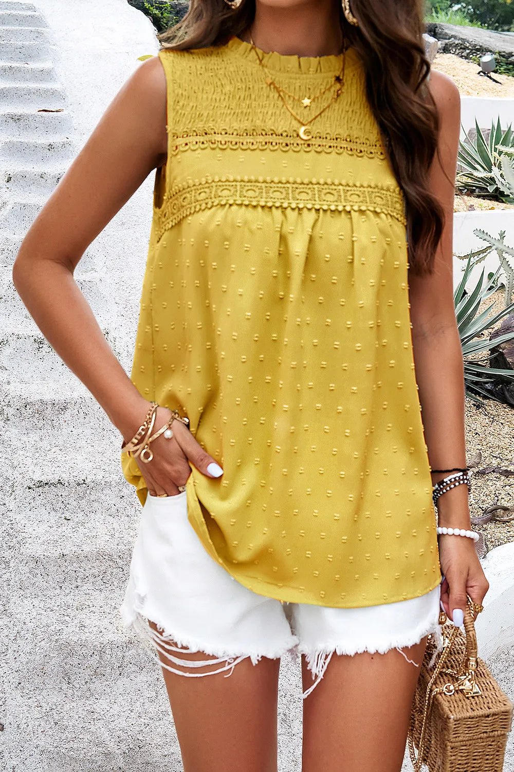 Front view of Devine Swiss Dot Round Neck Tank in Yellow showing neckline and sleeve details (100% polyester)