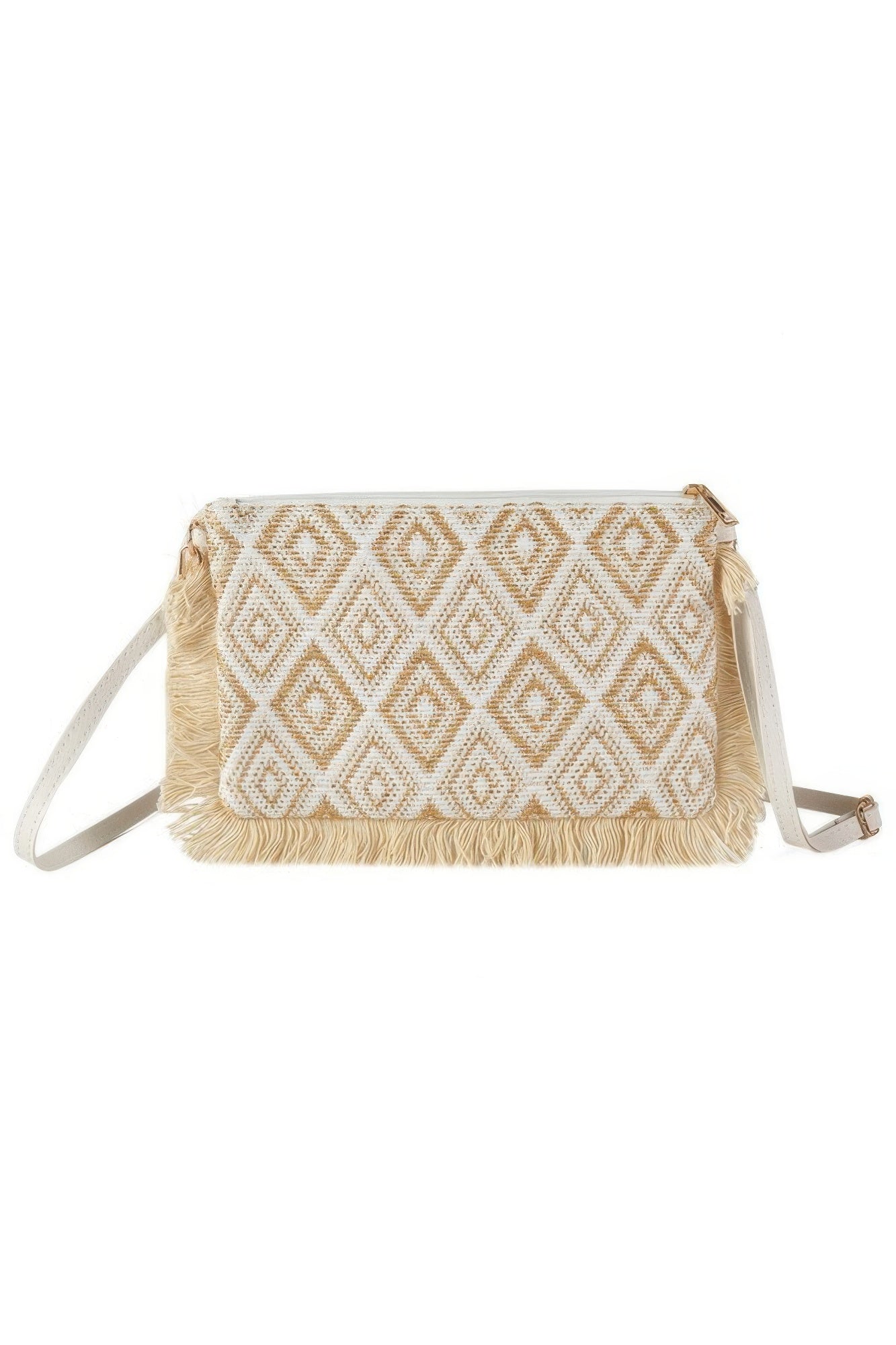 Front view of Diamond Checker Tassel Edge Crossbody Bag showing neckline and sleeve details