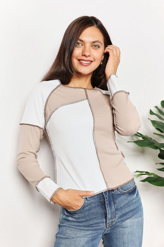 Front view of Double Take Color Block Exposed Seam Top in Khaki showing neckline and sleeve details