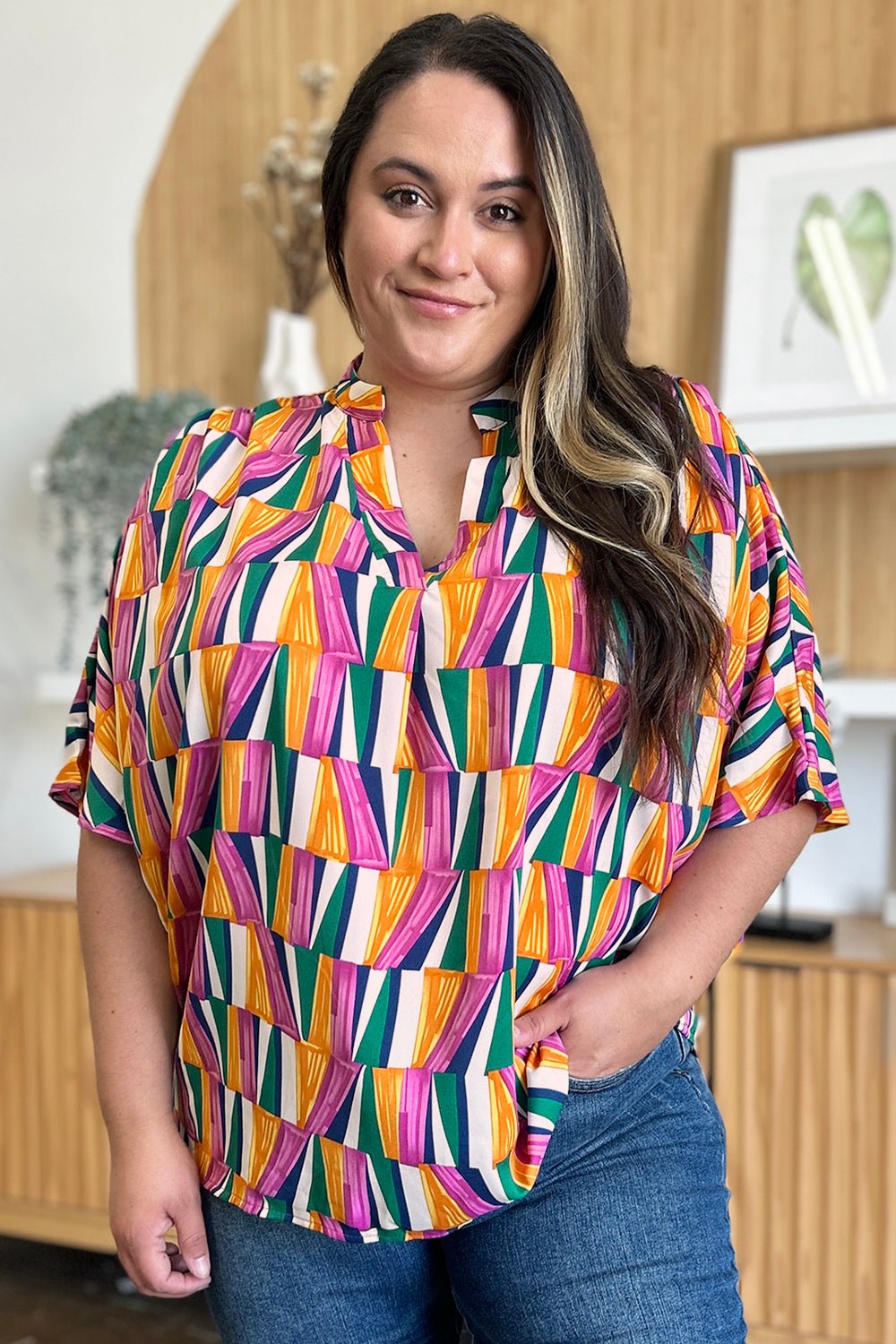 Double Take Full Size Geometric Notched Dolman Sleeve Top - Rochelle's House LLC