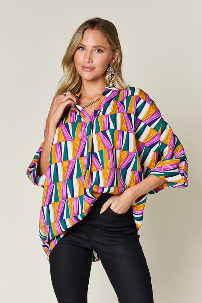 Double Take Full Size Geometric Notched Dolman Sleeve Top - Rochelle's House LLC