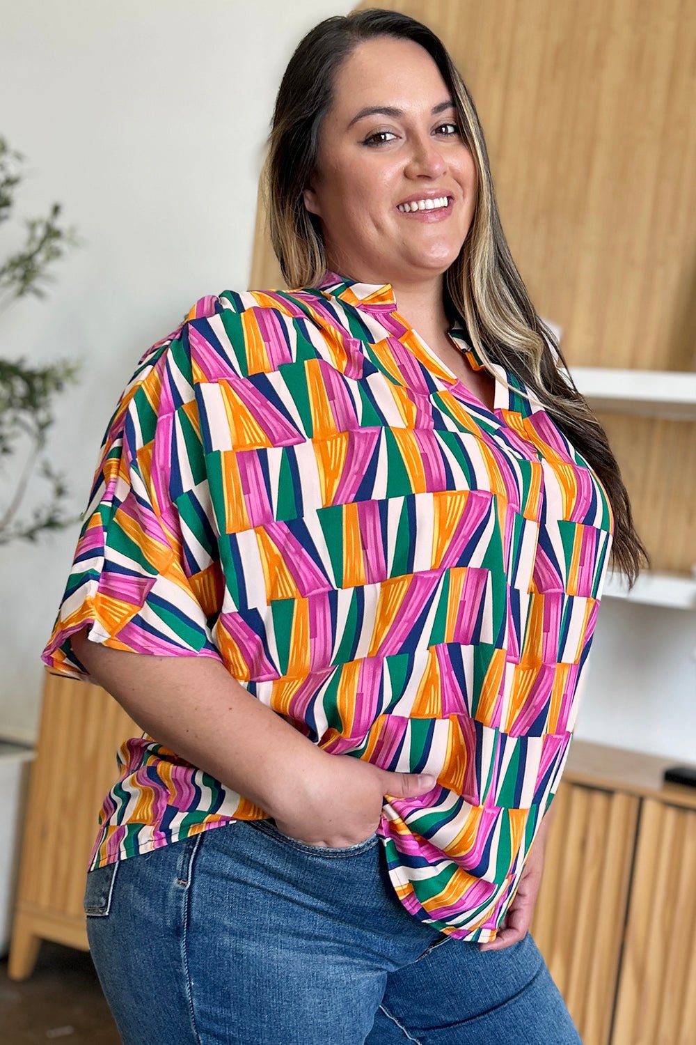 Double Take Full Size Geometric Notched Dolman Sleeve Top - Rochelle's House LLC