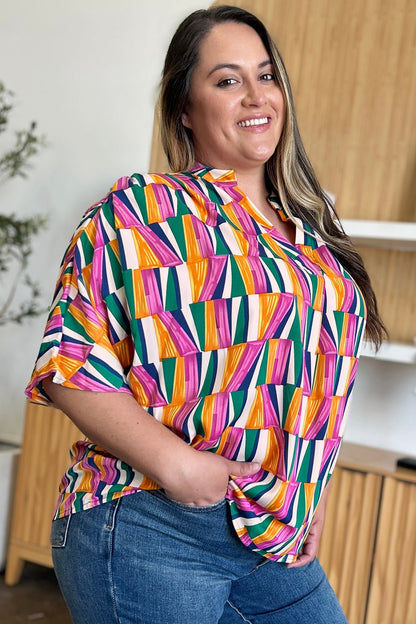 Double Take Full Size Geometric Notched Dolman Sleeve Top - Rochelle's House LLC