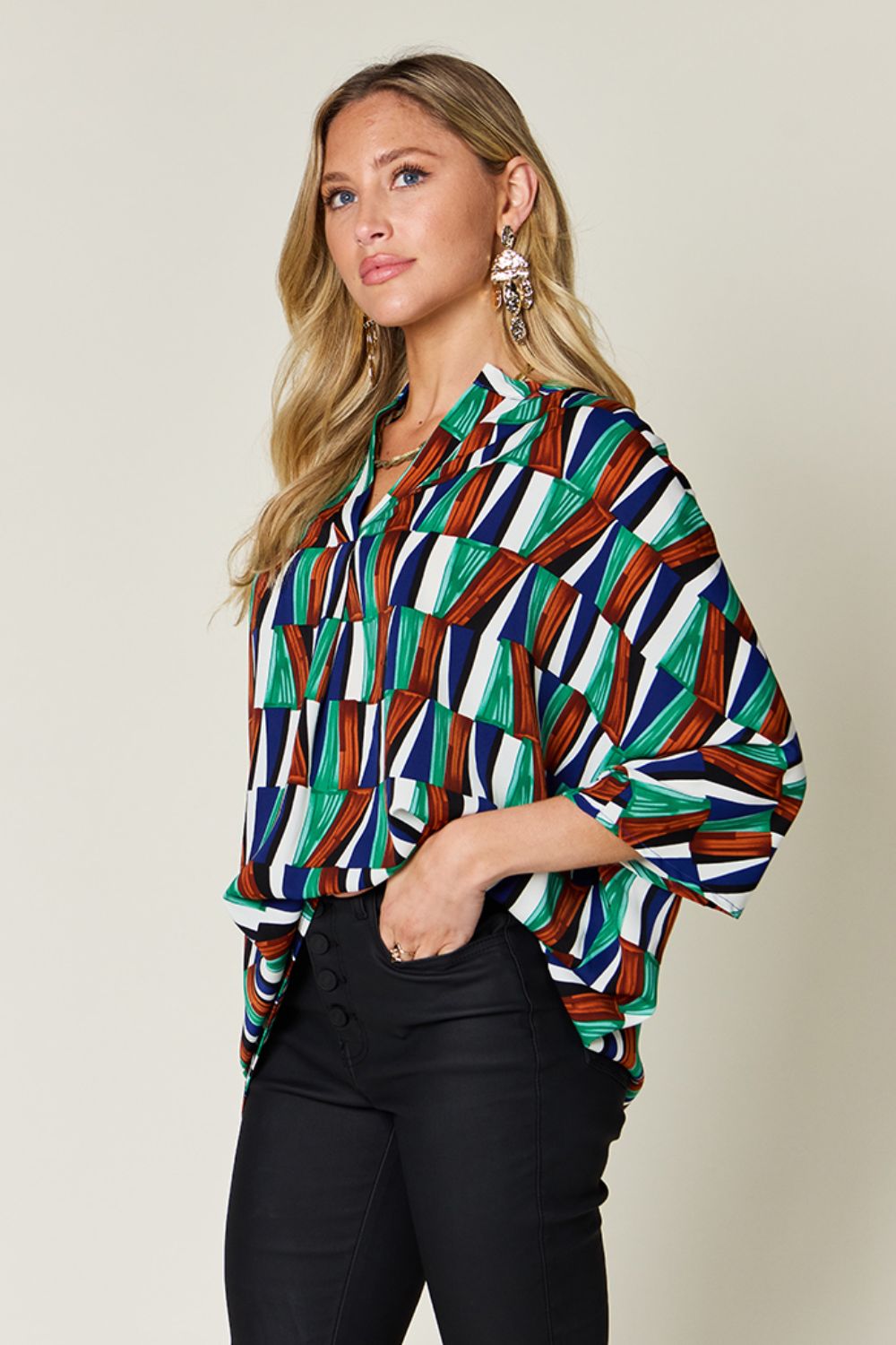 Double Take Full Size Geometric Notched Dolman Sleeve Top - Rochelle's House LLC
