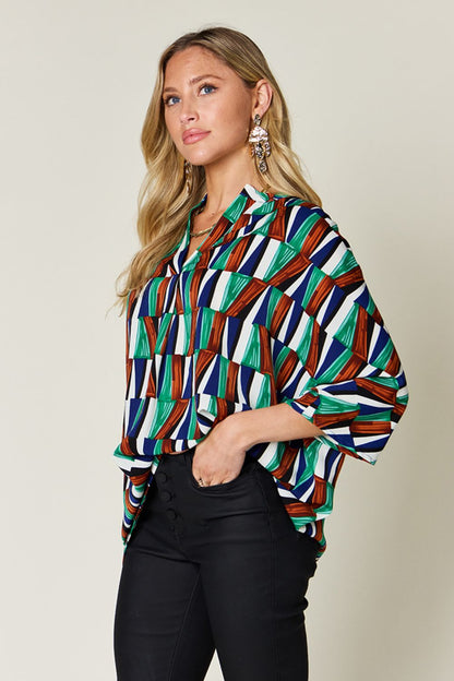 Double Take Full Size Geometric Notched Dolman Sleeve Top - Rochelle's House LLC