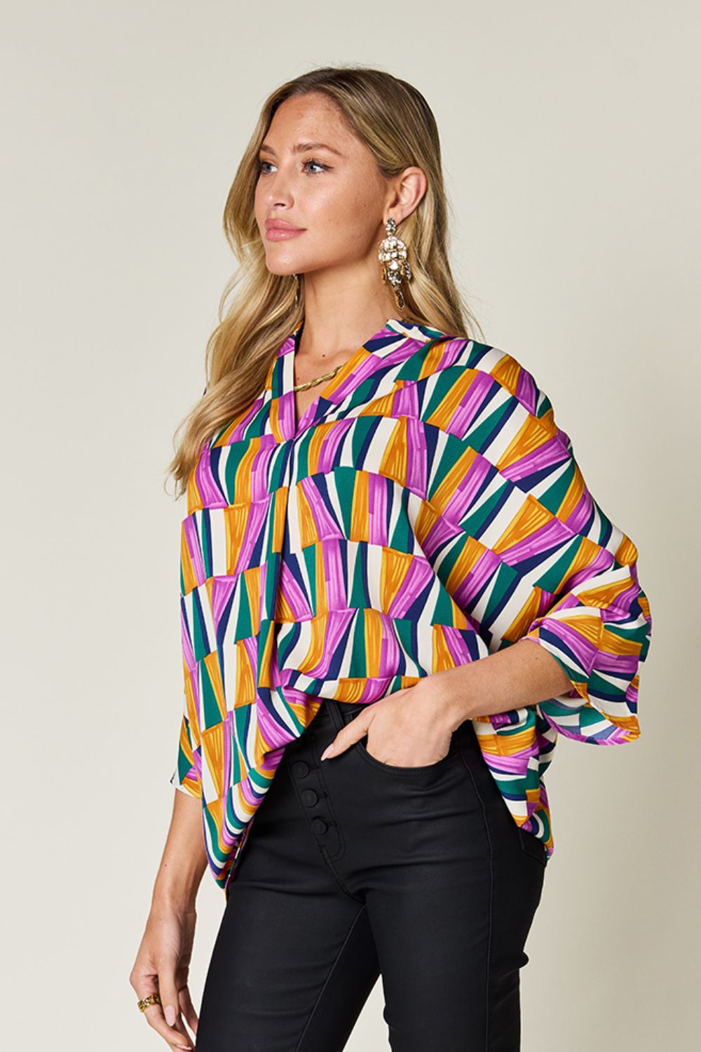 Double Take Full Size Geometric Notched Dolman Sleeve Top - Rochelle's House LLC
