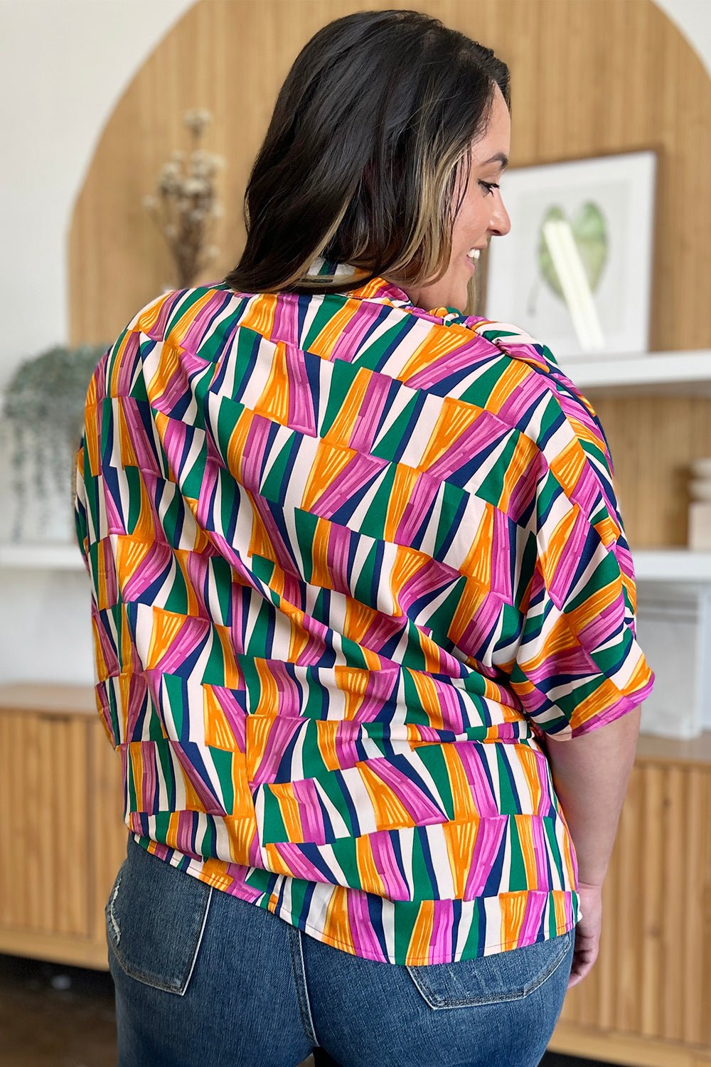 Double Take Full Size Geometric Notched Dolman Sleeve Top - Rochelle's House LLC
