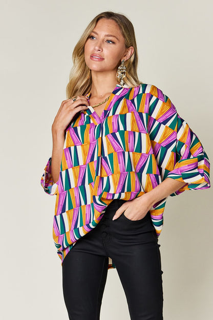 Double Take Full Size Geometric Notched Dolman Sleeve Top - Rochelle's House LLC