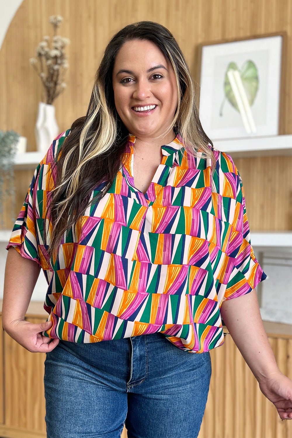 Double Take Full Size Geometric Notched Dolman Sleeve Top - Rochelle's House LLC