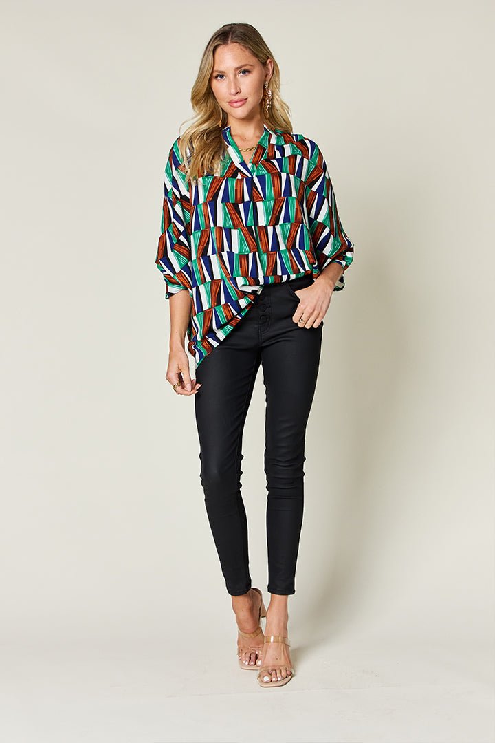 Double Take Full Size Geometric Notched Dolman Sleeve Top - Rochelle's House LLC