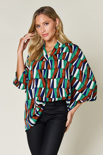 Double Take Full Size Geometric Notched Dolman Sleeve Top - Rochelle's House LLC