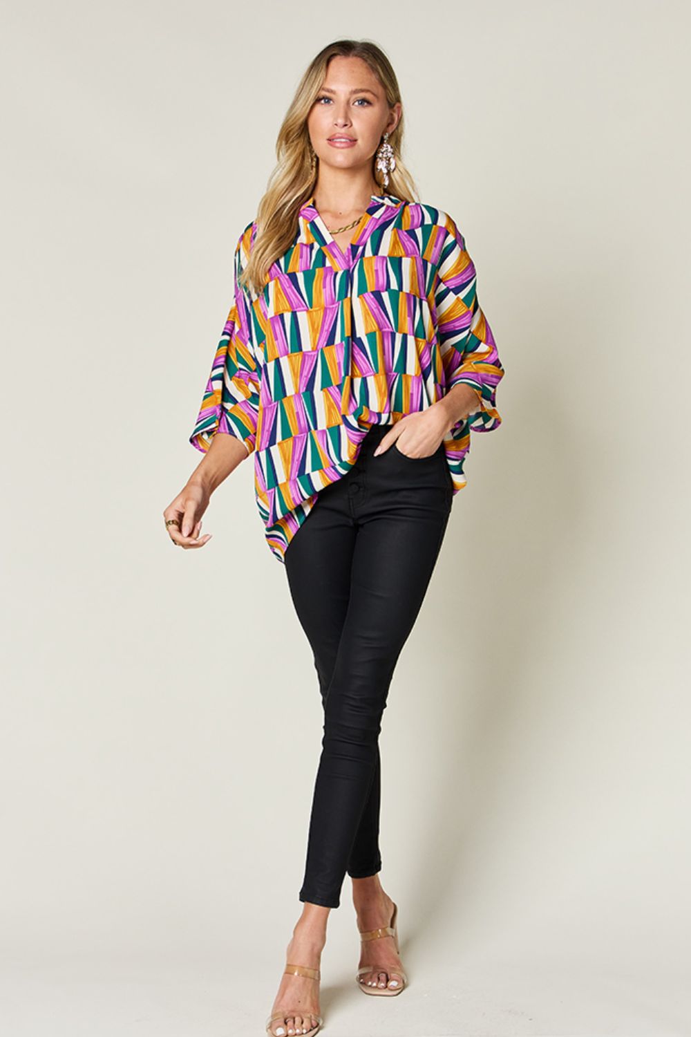 Double Take Full Size Geometric Notched Dolman Sleeve Top - Rochelle's House LLC