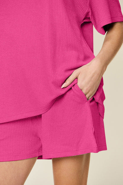 Double Take Full Size Round Neck Short Sleeve T-Shirt and Shorts Set - Rochelle's House LLC