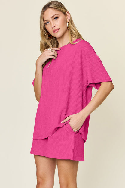 Double Take Full Size Round Neck Short Sleeve T-Shirt and Shorts Set - Rochelle's House LLC