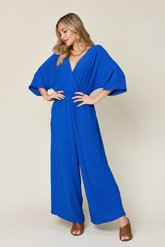 Double Take Full Size Surplice Wide Leg Jumpsuit with Pockets - Rochelle's House LLC