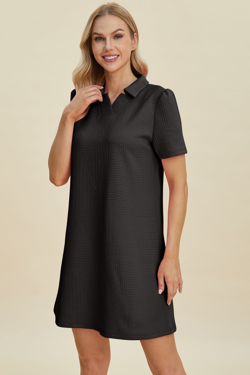 Double Take Full Size Texture Short Sleeve Dress - Rochelle's House LLC