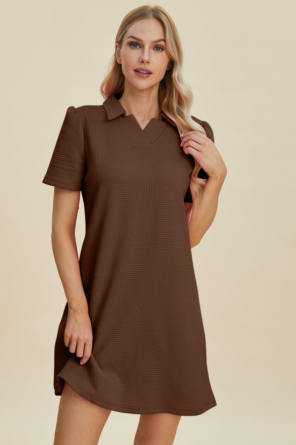 Double Take Full Size Texture Short Sleeve Dress - Rochelle's House LLC