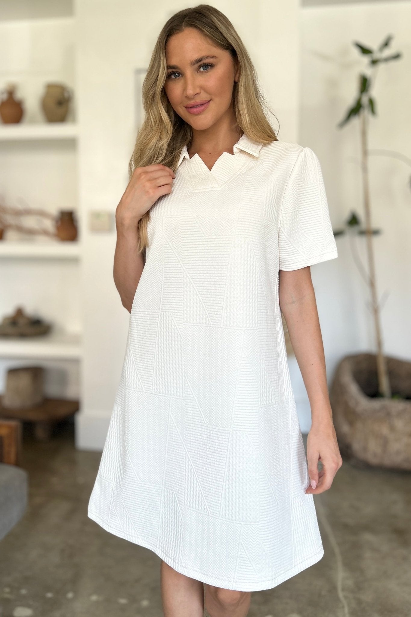 Double Take Full Size Texture Short Sleeve Dress - Rochelle's House LLC