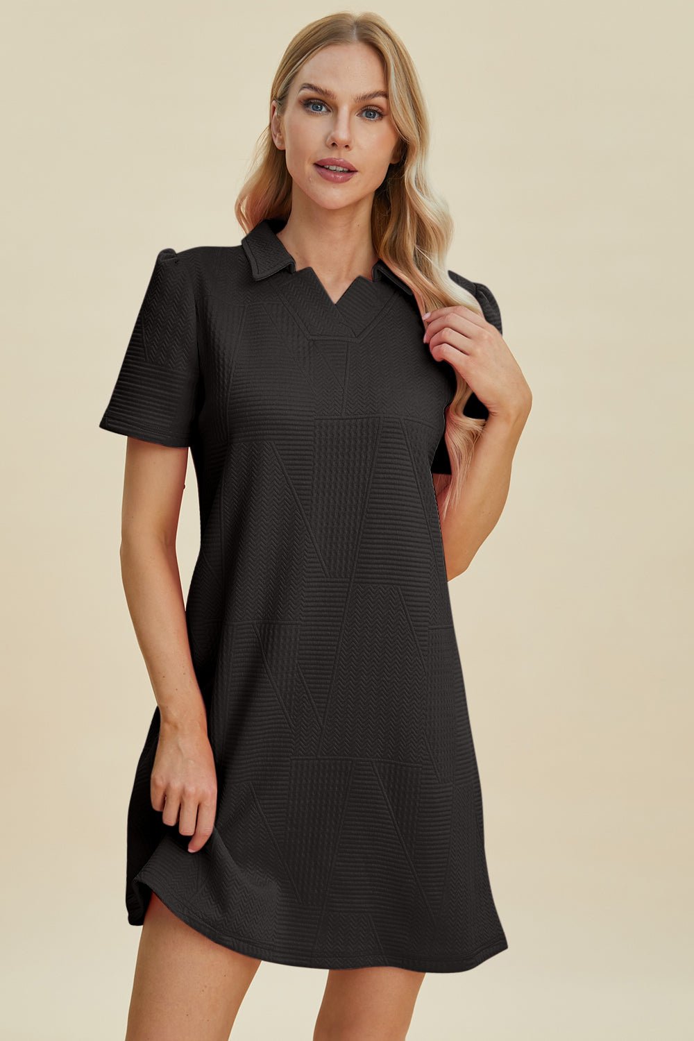 Double Take Full Size Texture Short Sleeve Dress - Rochelle's House LLC