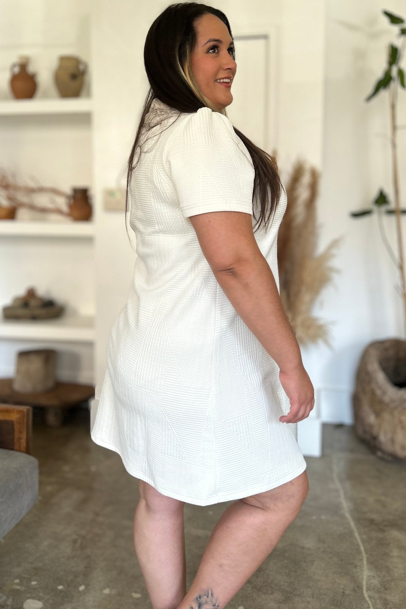 Double Take Full Size Texture Short Sleeve Dress - Rochelle's House LLC