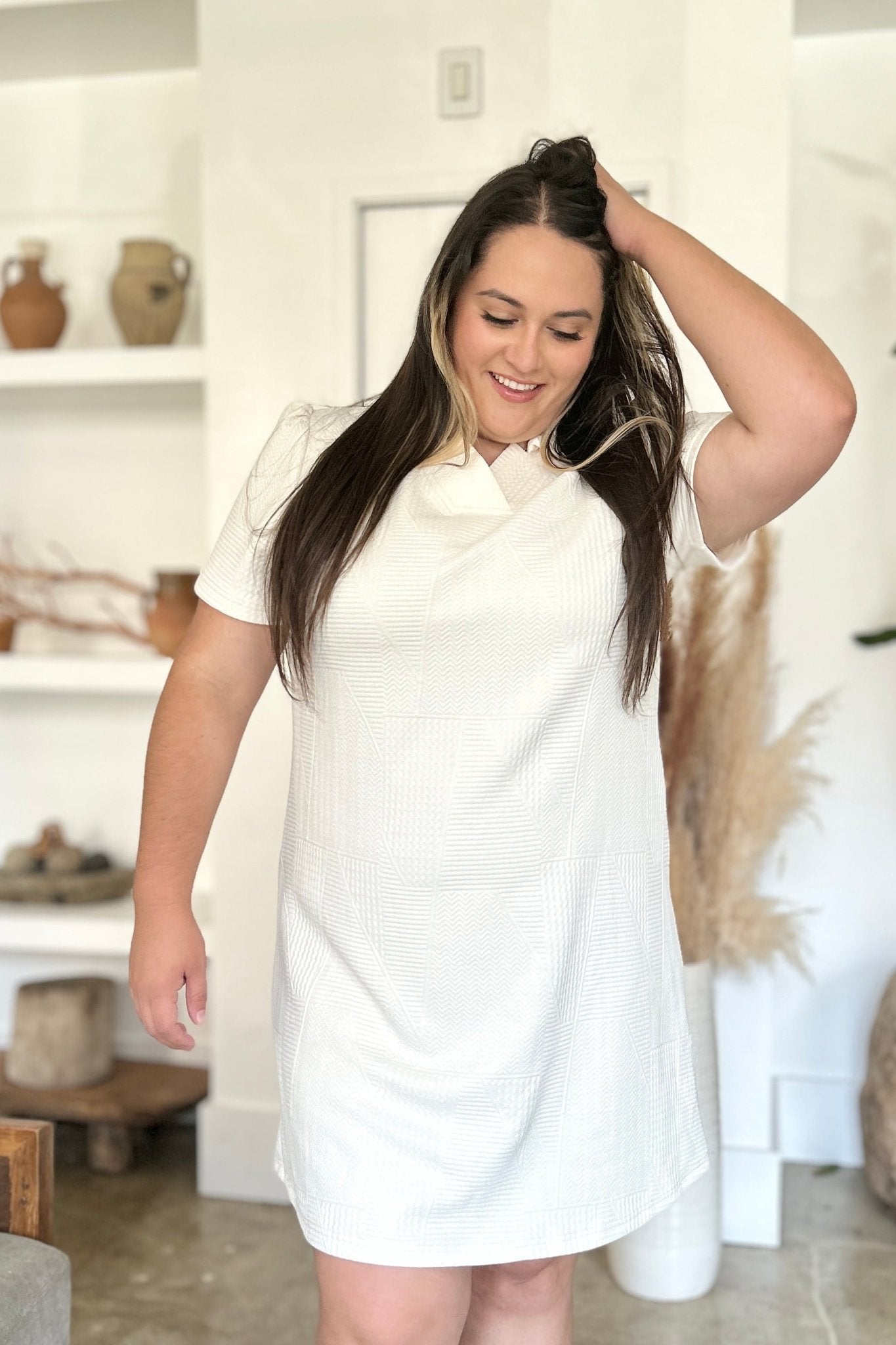 Double Take Full Size Texture Short Sleeve Dress - Rochelle's House LLC