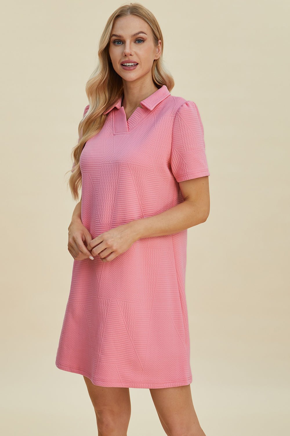 Double Take Full Size Texture Short Sleeve Dress - Rochelle's House LLC