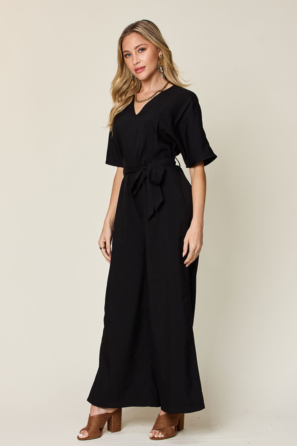 Double Take Full Size V - Neck Tie Front Short Sleeve Slit Jumpsuit - Rochelle's House LLC