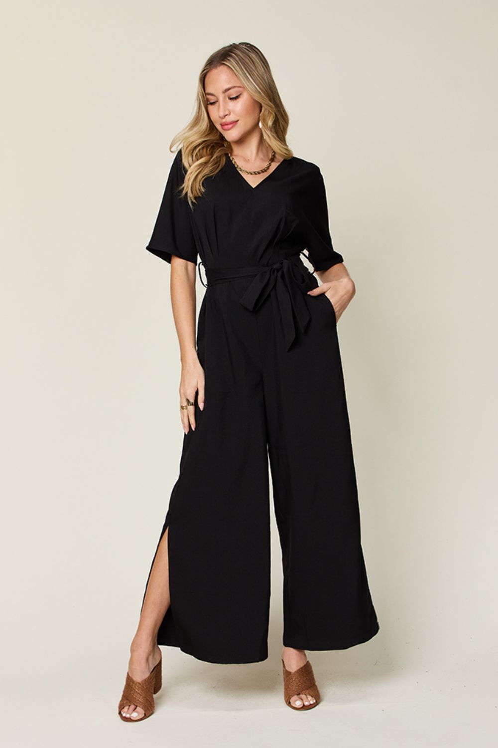 Double Take Full Size V - Neck Tie Front Short Sleeve Slit Jumpsuit - Rochelle's House LLC