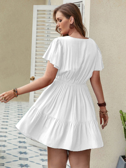 Double Take Plus Size Ruffle Hem V - Neck Short Sleeve Dress - Rochelle's House LLC
