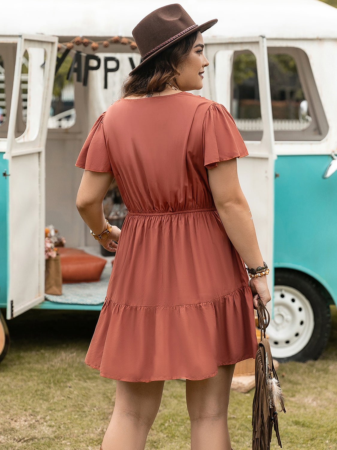 Double Take Plus Size Ruffle Hem V - Neck Short Sleeve Dress - Rochelle's House LLC