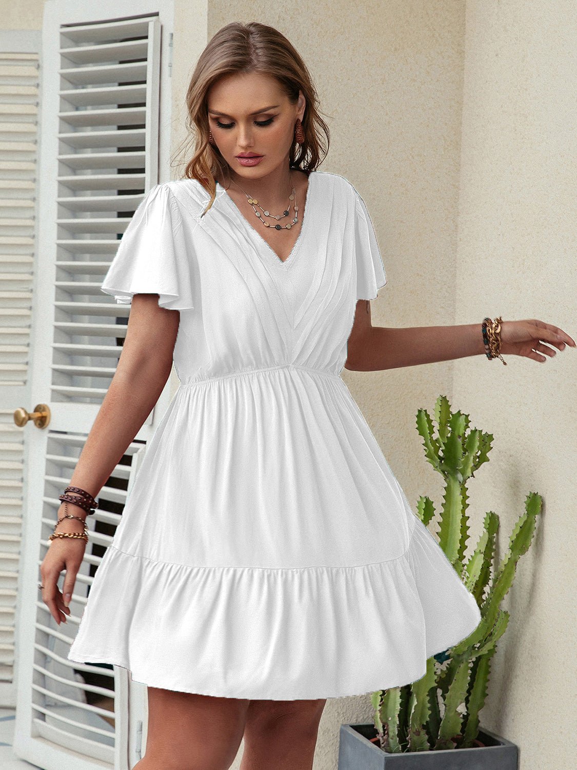 Double Take Plus Size Ruffle Hem V - Neck Short Sleeve Dress - Rochelle's House LLC