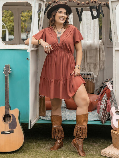 Double Take Plus Size Ruffle Hem V - Neck Short Sleeve Dress - Rochelle's House LLC