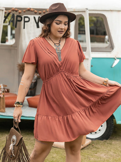 Double Take Plus Size Ruffle Hem V - Neck Short Sleeve Dress - Rochelle's House LLC