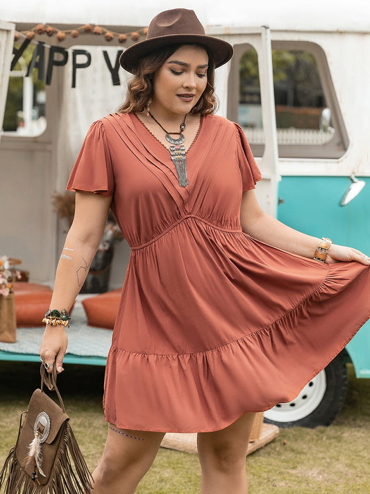Double Take Plus Size Ruffle Hem V - Neck Short Sleeve Dress - Rochelle's House LLC