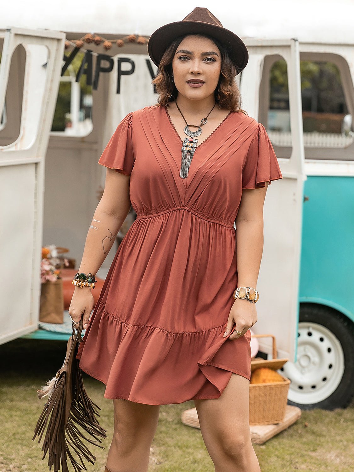 Double Take Plus Size Ruffle Hem V - Neck Short Sleeve Dress - Rochelle's House LLC