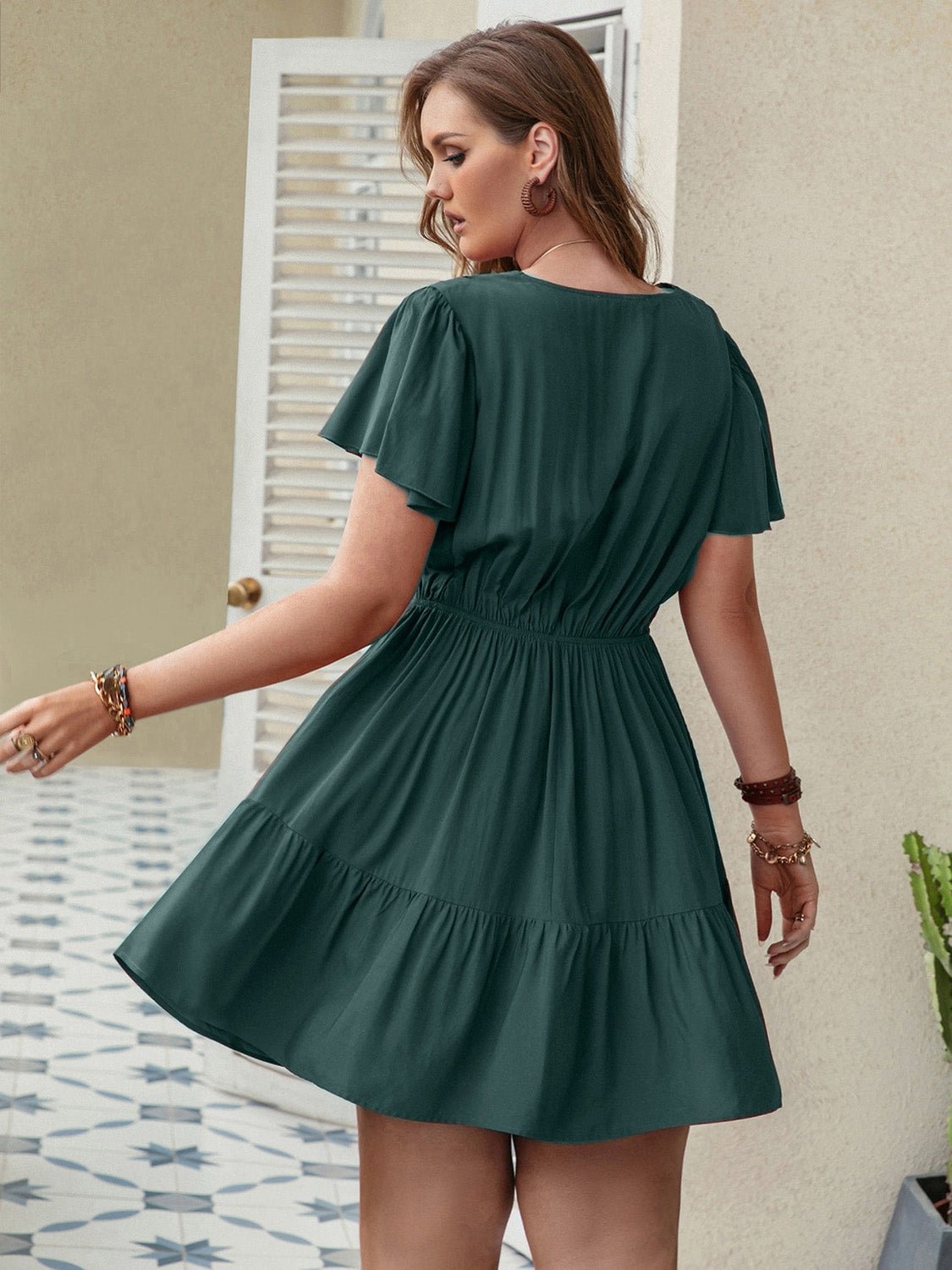 Double Take Plus Size Ruffle Hem V - Neck Short Sleeve Dress - Rochelle's House LLC