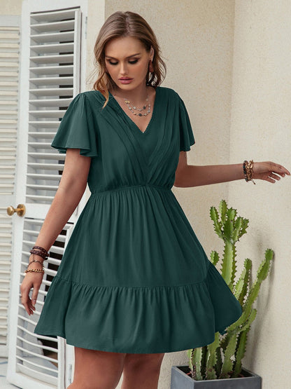 Double Take Plus Size Ruffle Hem V - Neck Short Sleeve Dress - Rochelle's House LLC