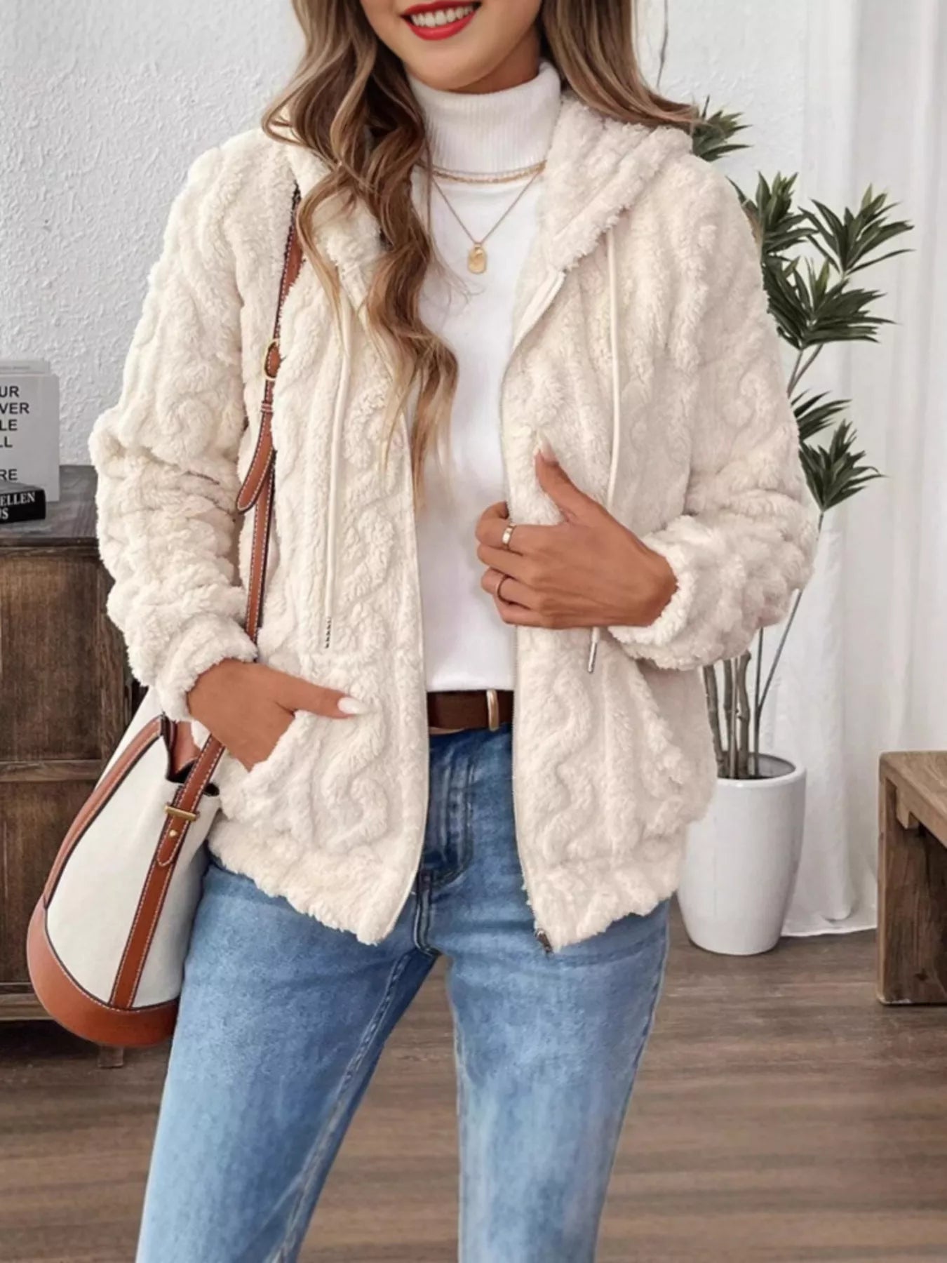 Drawstring Zip - Up Fleece Hooded Outerwear - Rochelle's House LLC