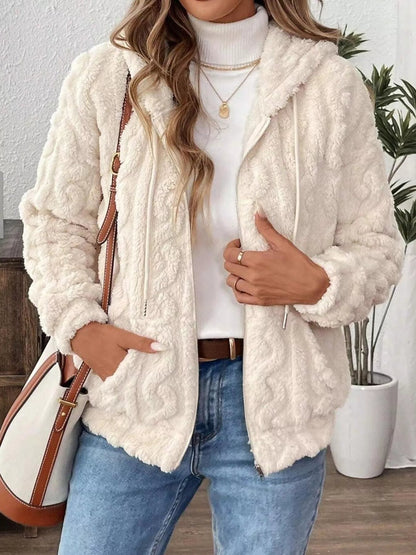 Drawstring Zip - Up Fleece Hooded Outerwear - Rochelle's House LLC