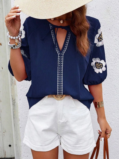 Embroidered Tie Neck Puff Sleeve Blouse - Rochelle's House LLC