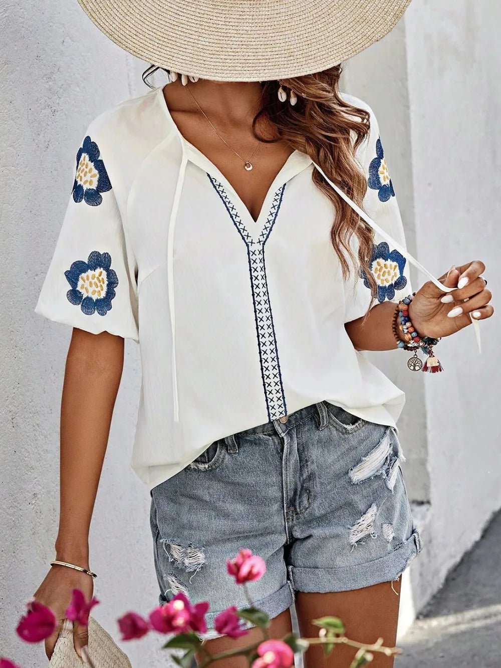 Embroidered Tie Neck Puff Sleeve Blouse - Rochelle's House LLC