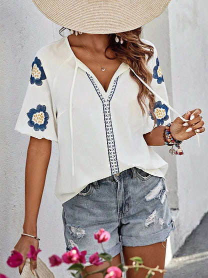 Embroidered Tie Neck Puff Sleeve Blouse - Rochelle's House LLC