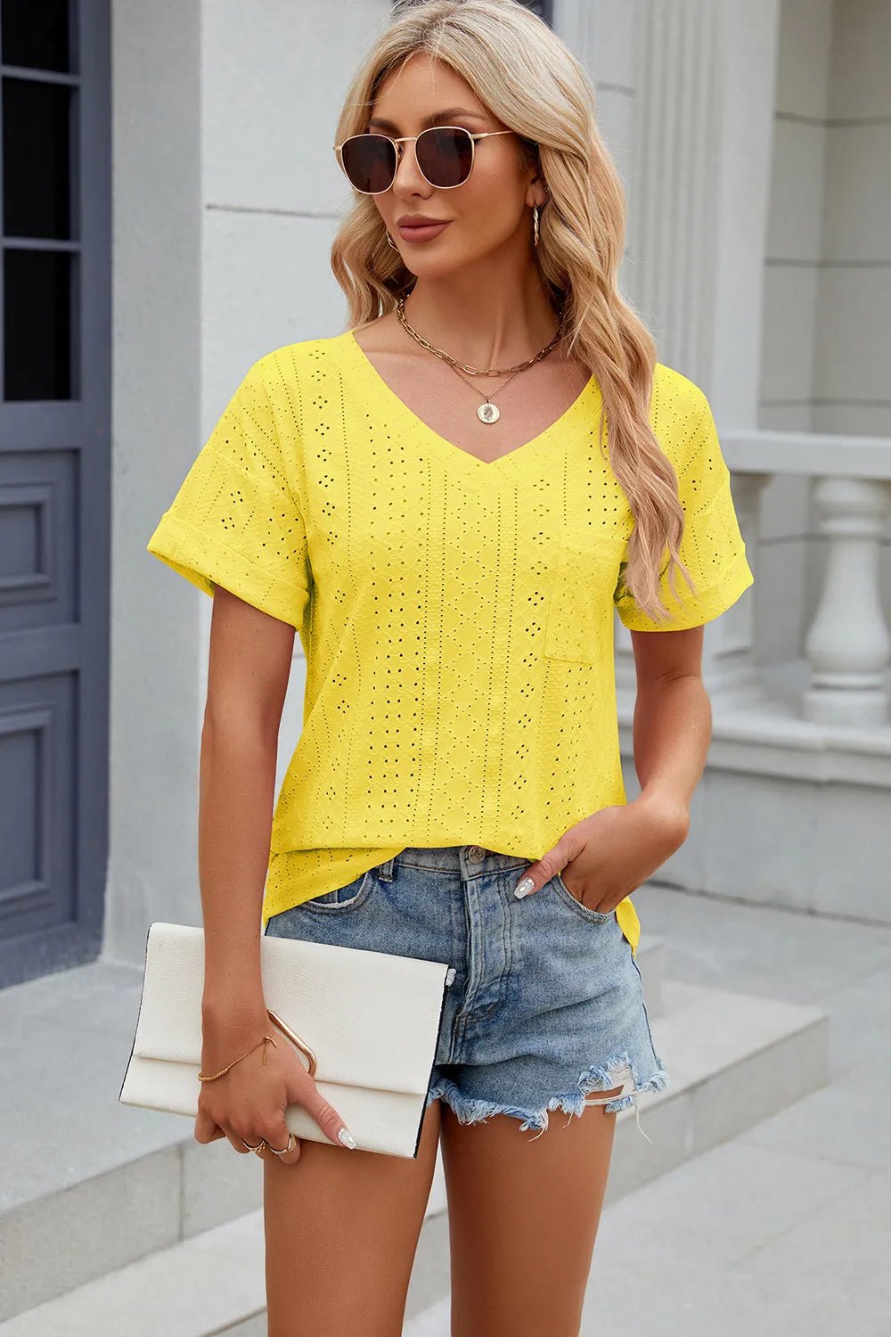Front view of Eyelet V-Neck Short Sleeve T-Shirt in Yellow showing neckline and sleeve details (95% cotton and)
