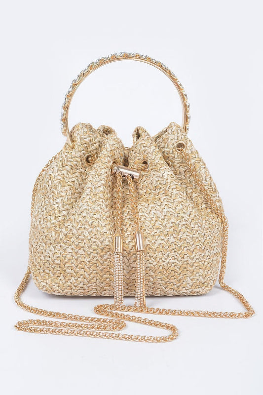 Front view of Faux Straw Bucket Bag W/stone Handle showing neckline and sleeve details