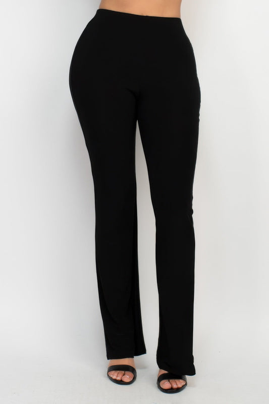 Front view of Fit And Flare Elastic Casual Pants showing neckline and sleeve details (95% Polyester, 5% Spandex High)