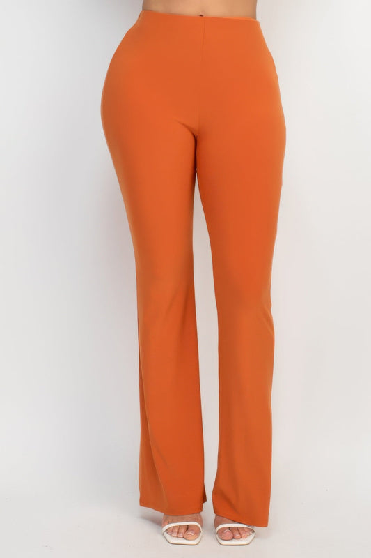 Front view of Fit And Flare Elastic Casual Pants showing neckline and sleeve details (95% Polyester, 5% Spandex High)