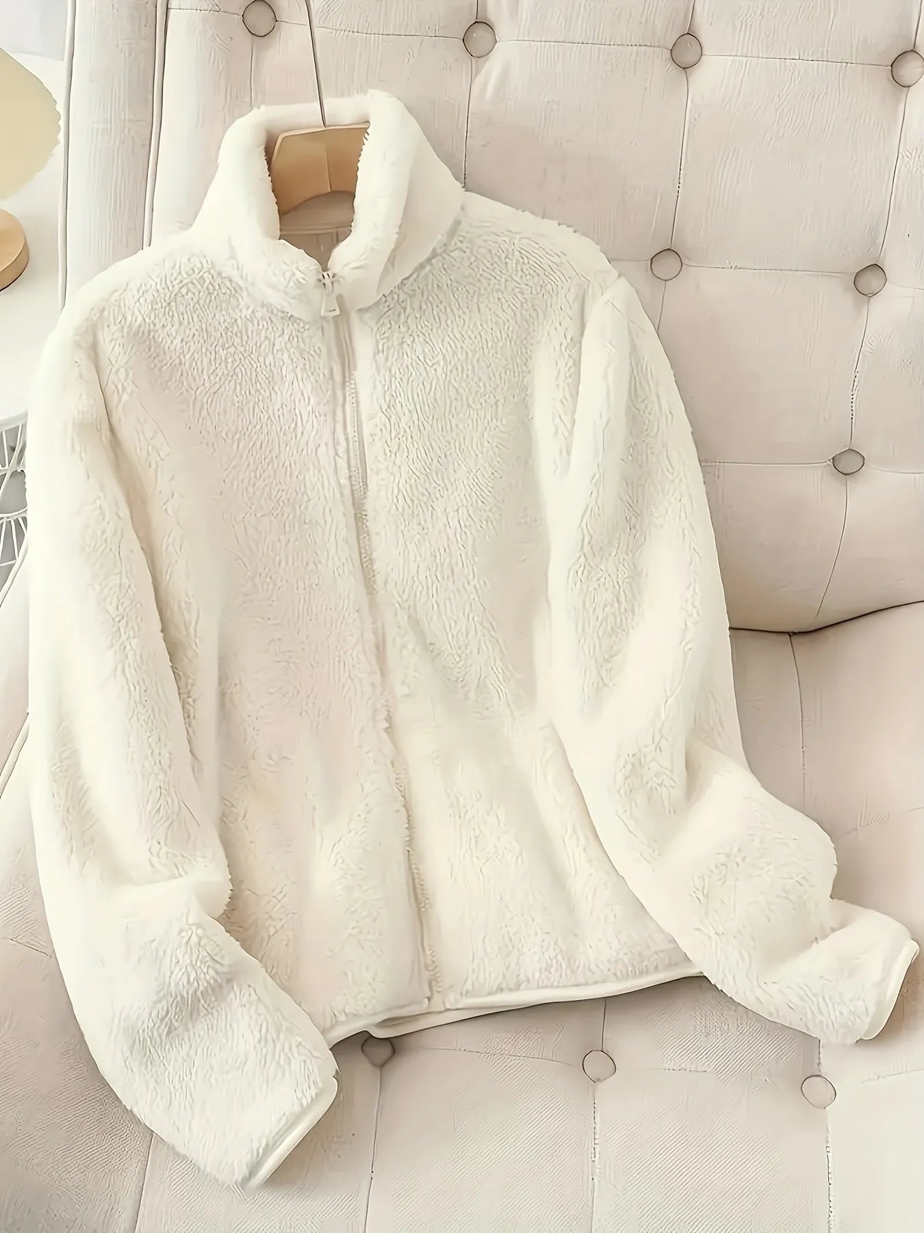 Front view of Fleece Long Sleeve Zip-Up Jacket in White showing neckline and sleeve details