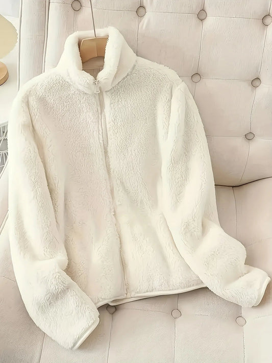 Front view of Fleece Long Sleeve Zip-Up Jacket in White showing neckline and sleeve details