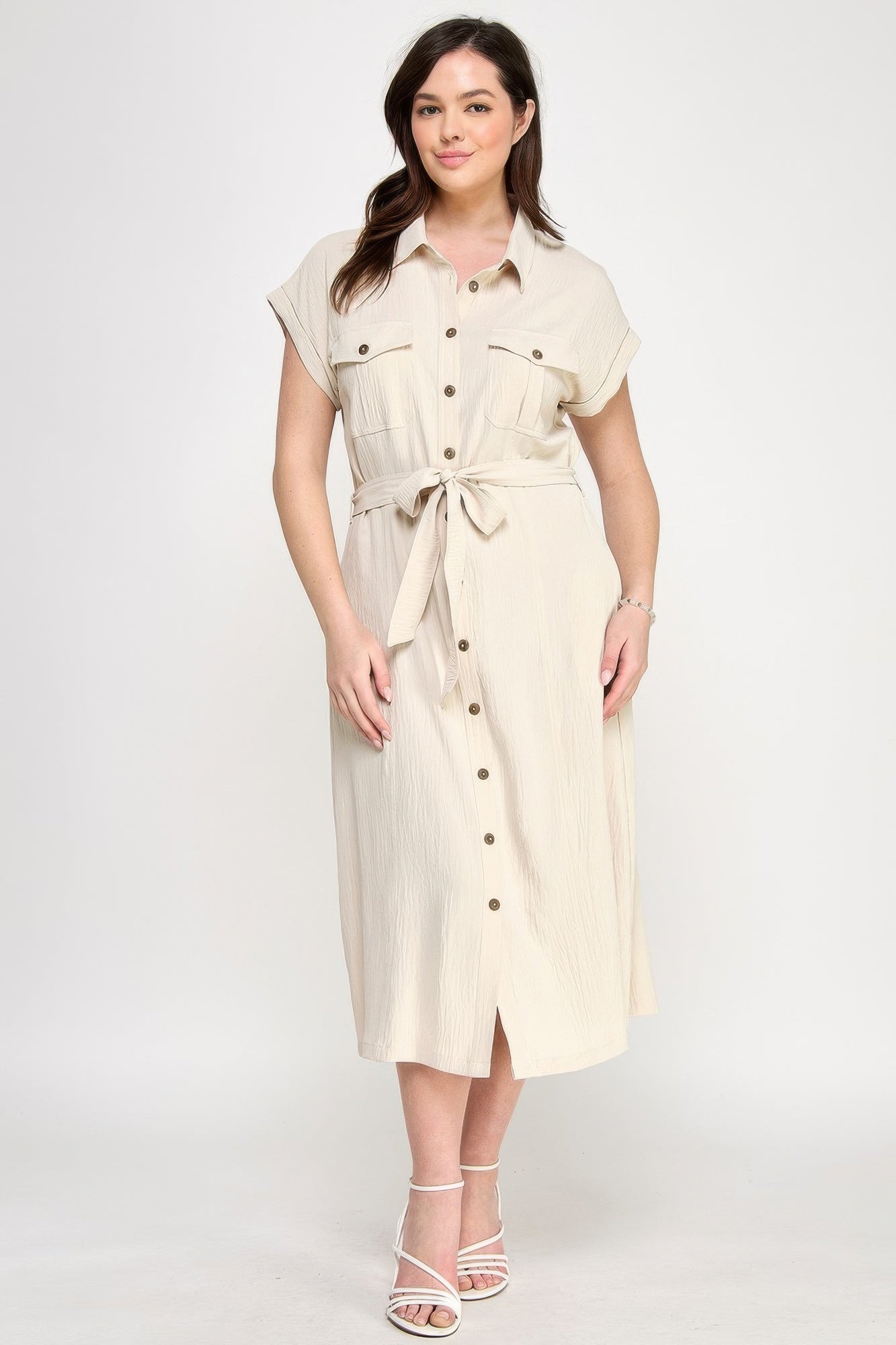 Front view of Front Tied Buttoned Short Sleeve Dress showing neckline and sleeve details (100% lightweight)