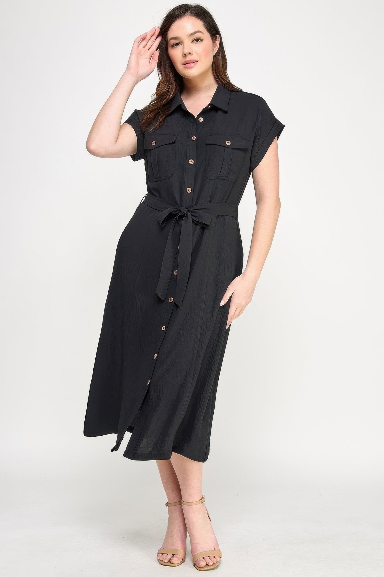 Front view of Front Tied Buttoned Short Sleeve Dress showing neckline and sleeve details (100% breathable polyester Sizes)